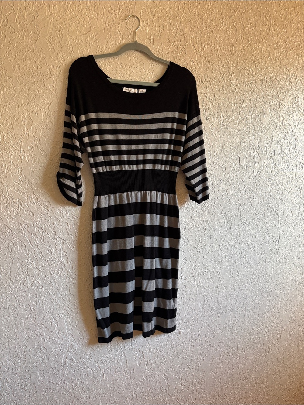 Allison Brittney Black and Gray Striped Midi Knit Dress
